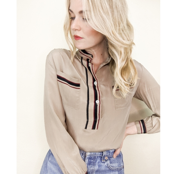 Vintage Tops - 70s Tan Silk Striped Front Pockets Blouse